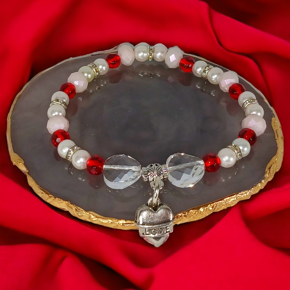 Pearl & Red Gem Sparkly Heart Charm Bracelet Lovecore Romantic Messy Coquette